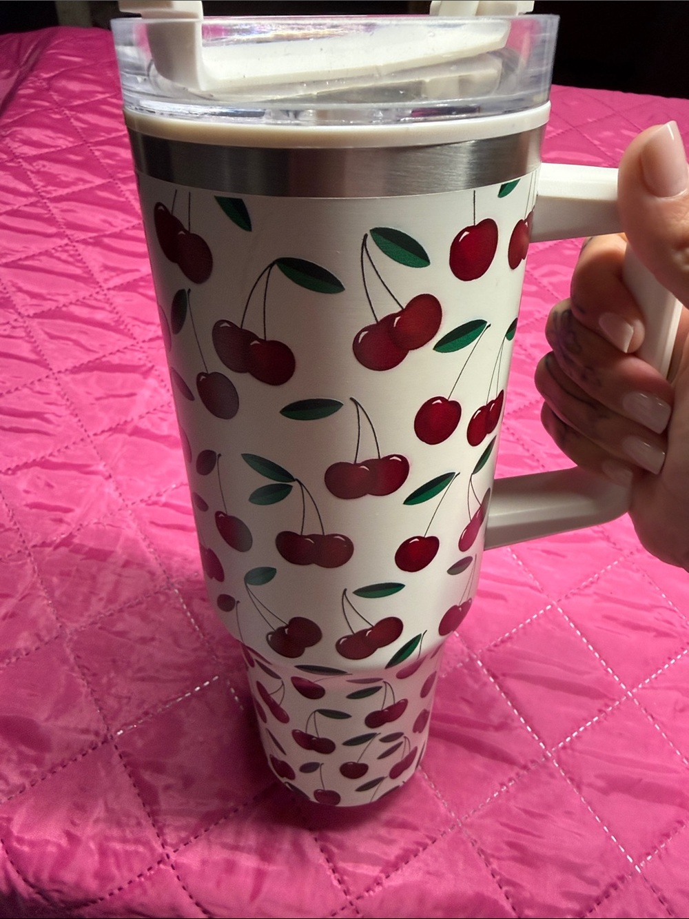 Cherry Pattern White Travel Tumbler with Handle